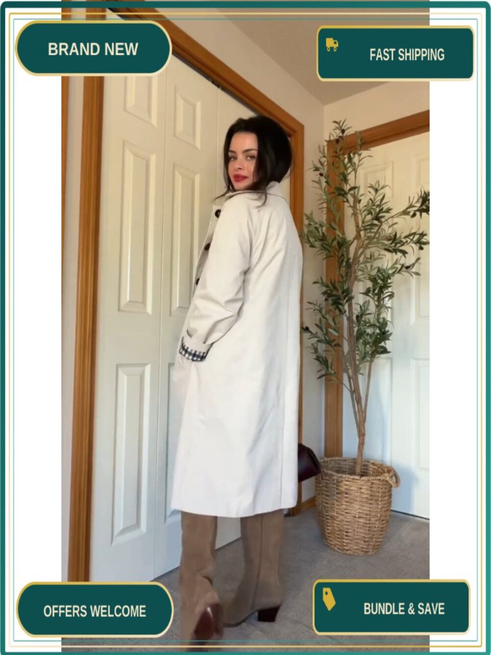 Women Trench Coat Single Breasted Lightweight Long Coat Mid Length Jacket - Picture 6 of 6